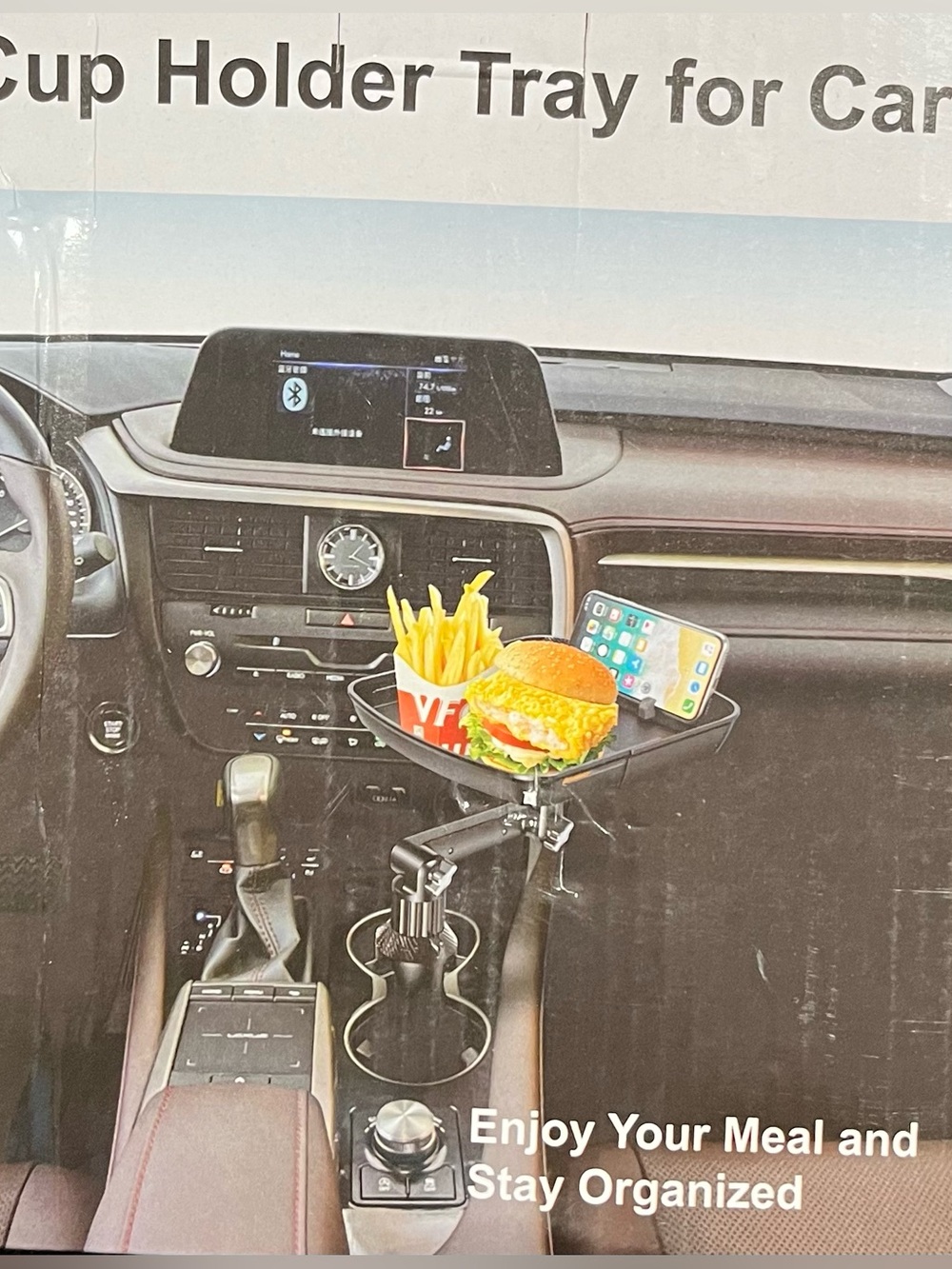 Car Cup Holder Tray with Phone Slot - Black